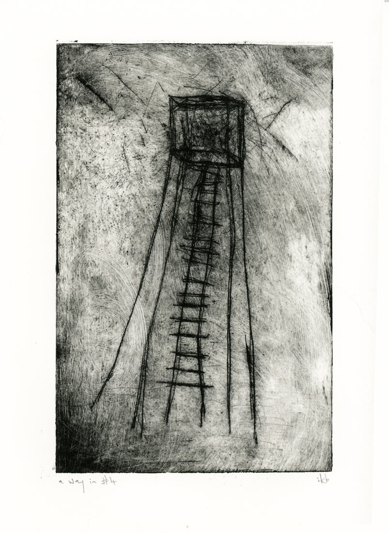 Etching of tall spindly tower with ladder by Ingrid K Brooker