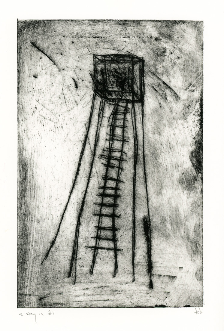 Etching of tall spindly tower with ladder by Ingrid K Brooker