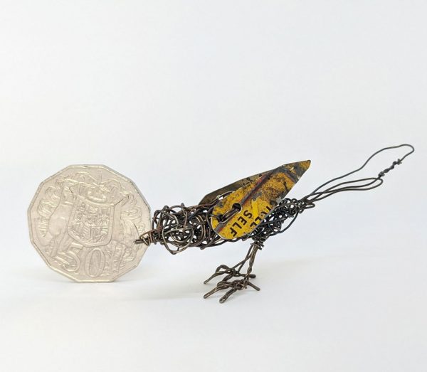 Bird sculpture made of wire and tin by Ingrid K Brooker