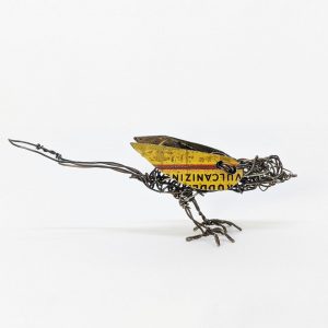 Bird sculpture made of wire and tin by Ingrid K Brooker