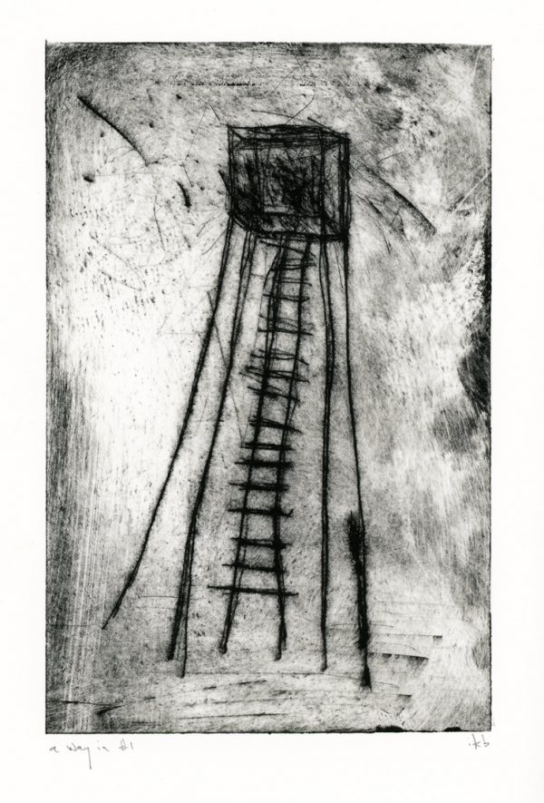 Etching of spindly tower with ladder