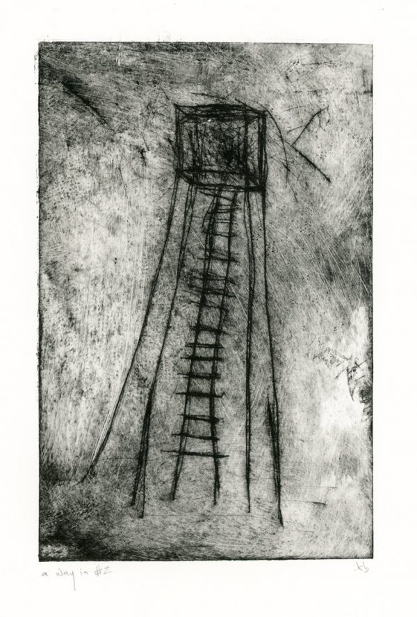 Drypoint etching of spindly tower with ladder