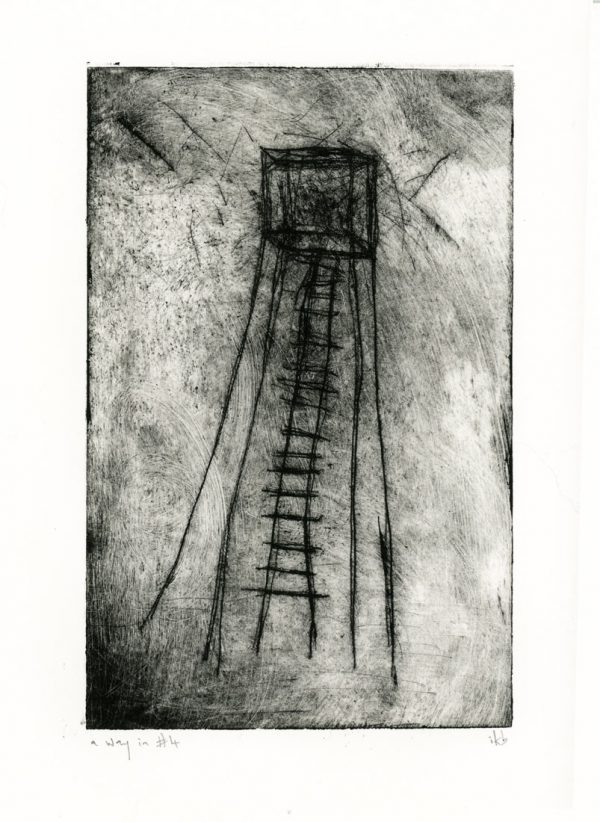 Etching of abstract tower with ladder