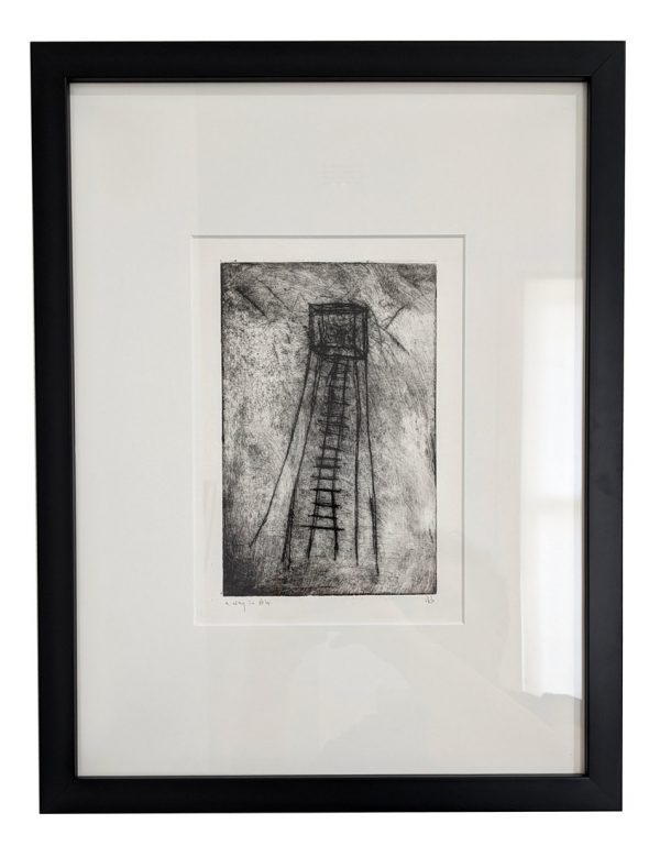 Framed etching of abstract tower with ladder