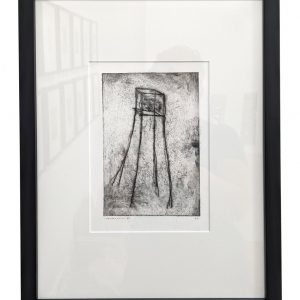 Framed etching of spindly tower
