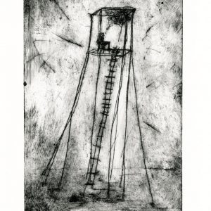 Etching of tower with chair and thought cloud