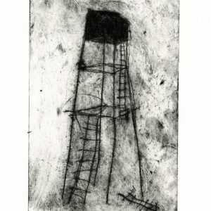 Etching of spindly tower with broken ladders