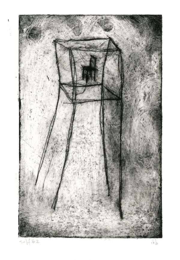 Etching depicting a chair in a tower