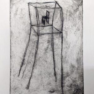 etching of chair in empty tower