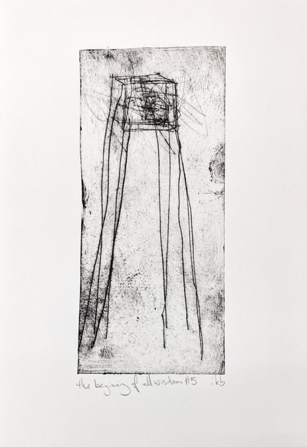 Drypoint etching depicting spindly cube on long legs