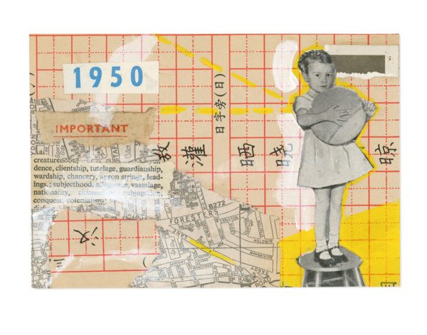 Collage of vintage ephemera with girl holding a ball by Ingrid K Brooker