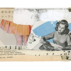 Collage of vintage ephemera depicting woman doing crafts