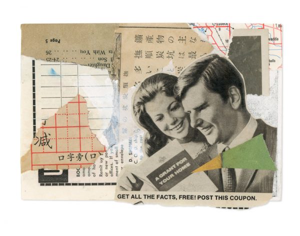 Collage work of two people looking at a booklet