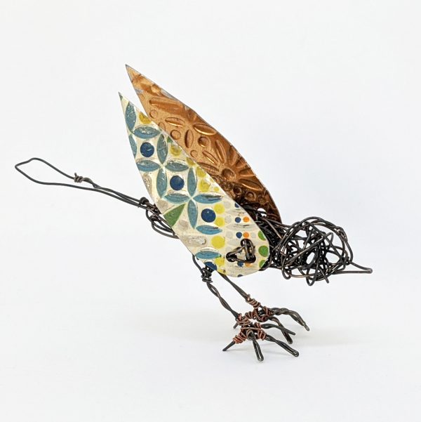 Wire bird sculpture with colourful tin wings by Ingrid K Brooker